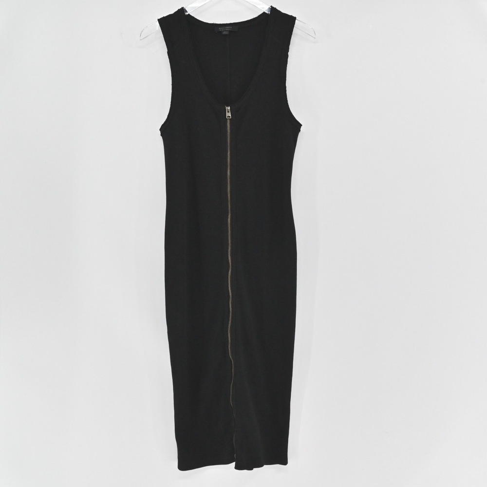 ALLSAINTS Alicia Midi Dress Size 10 Black Goth Sleeveless Ribbed Zip Front Chic‎ - Picture 2 of 11